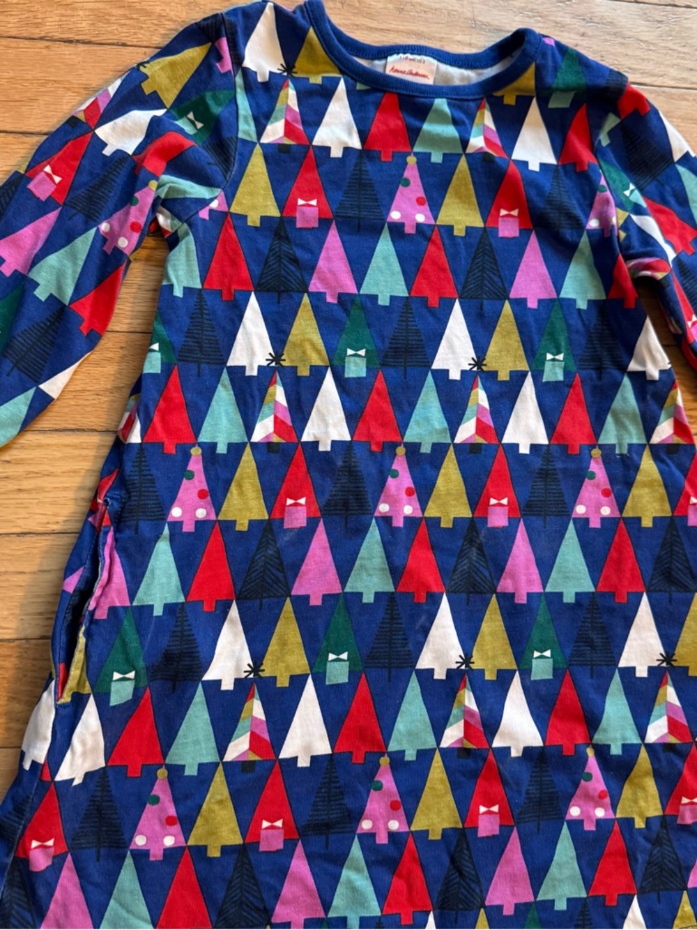 Hanna Andersson Kids Blue Christmas Tree Print Long Sleeve Cotton Dress Size 5